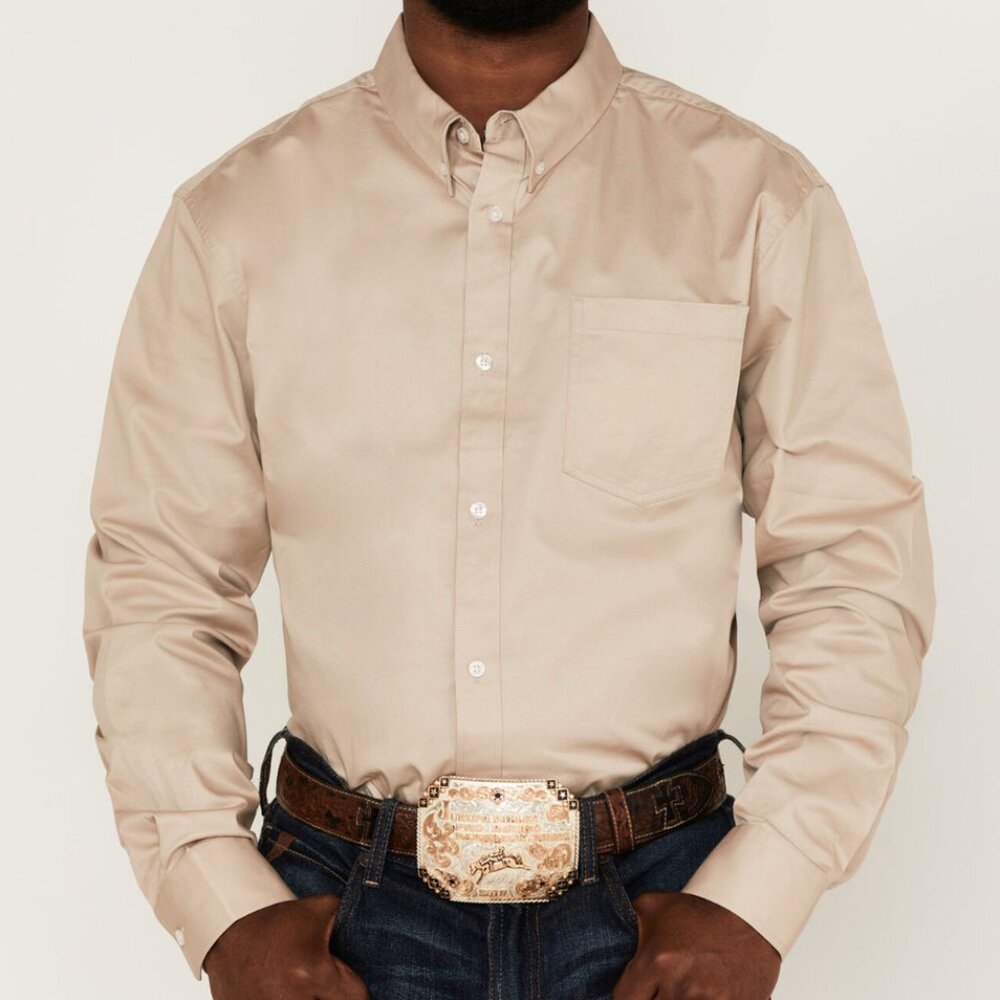 Rank 45 Button Down Shirt Mens Large Tan Western Twill Stretch Lightweight